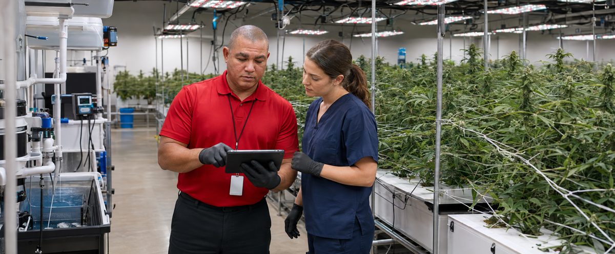 Devin Lockett with partners inspecting cannabis cultivation in the grow facility